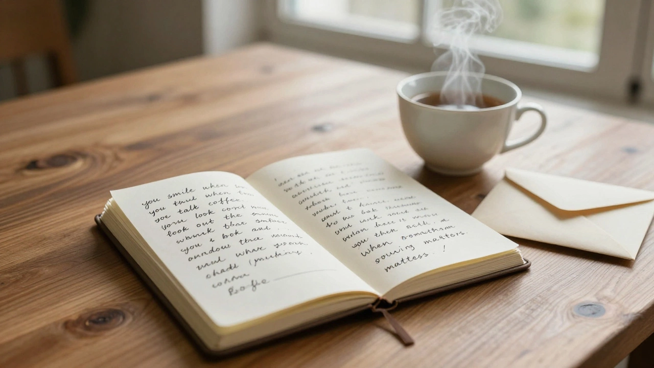 Рукописная книга с тонкими наблюдениями о девушке, чашка чая рядом, утренний свет и запечатанный конверт.