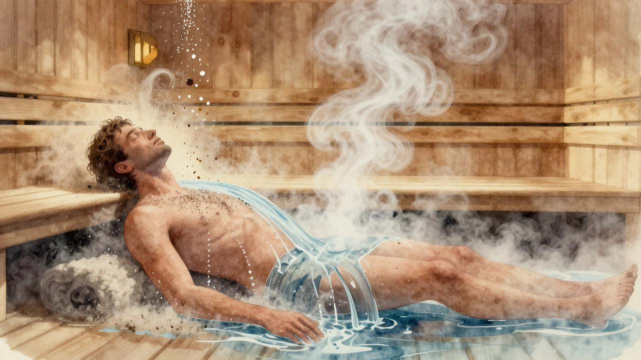 Силуэт человека, очищаемый потоком воды от грязи, пыли и остатков косметики, переходящий в пар.