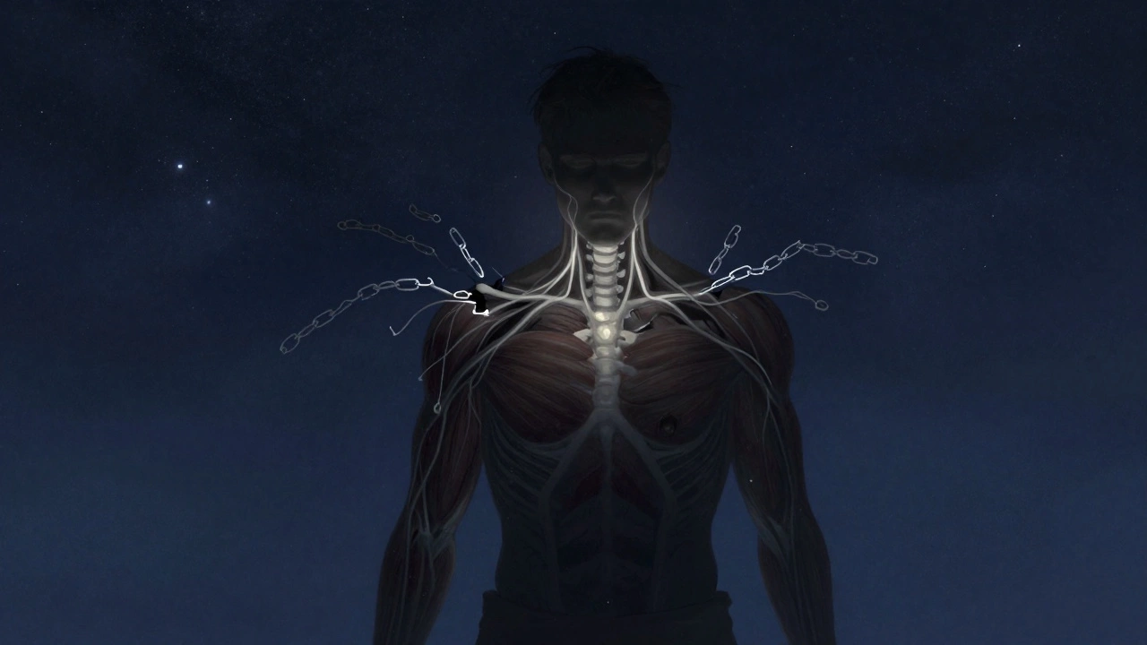Силуэт мужчины, где разрушающиеся цепи из мышц и нервов символизируют освобождение от стресса под звездным небом.