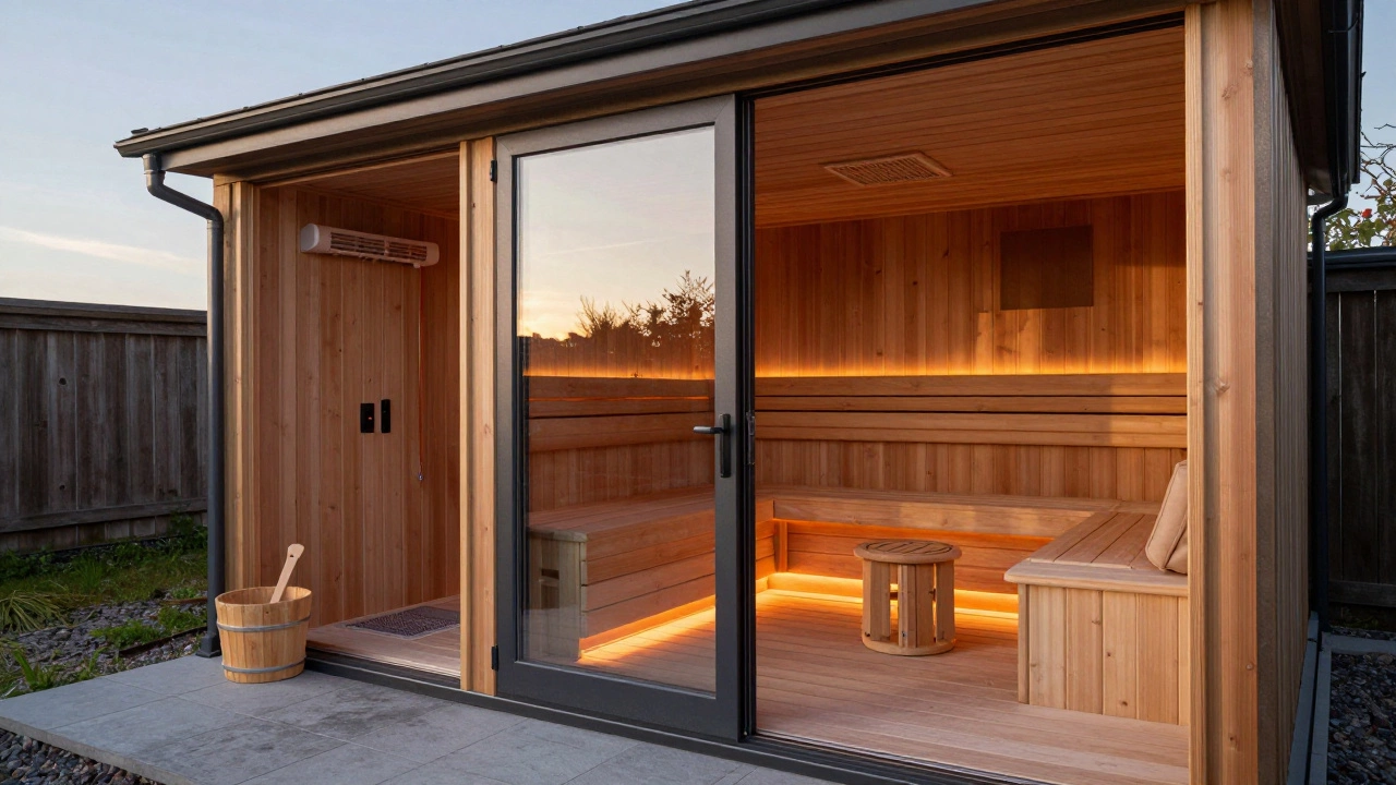 Современный саун-комплекс с парилкой и зоной отдыха, с подогревом пола и мягким освещением.