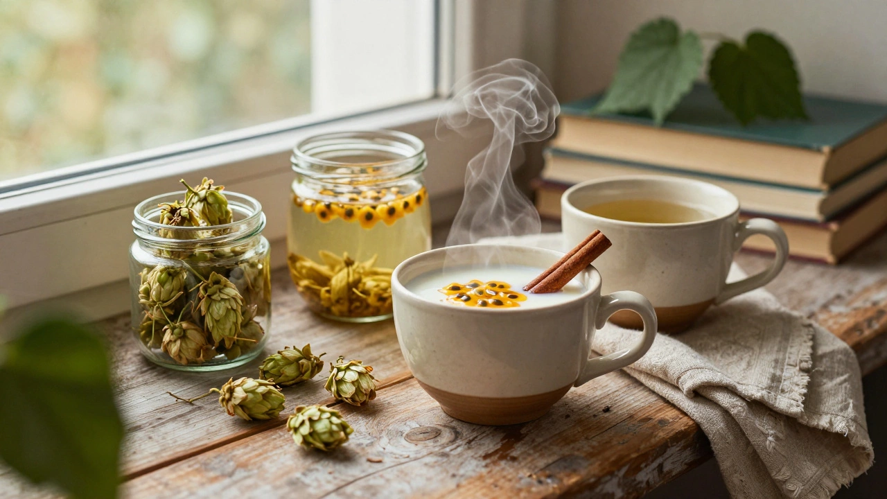 Три травяных напитка на подоконнике: молоко с корицей, настой пассифлоры и шишки хмеля.