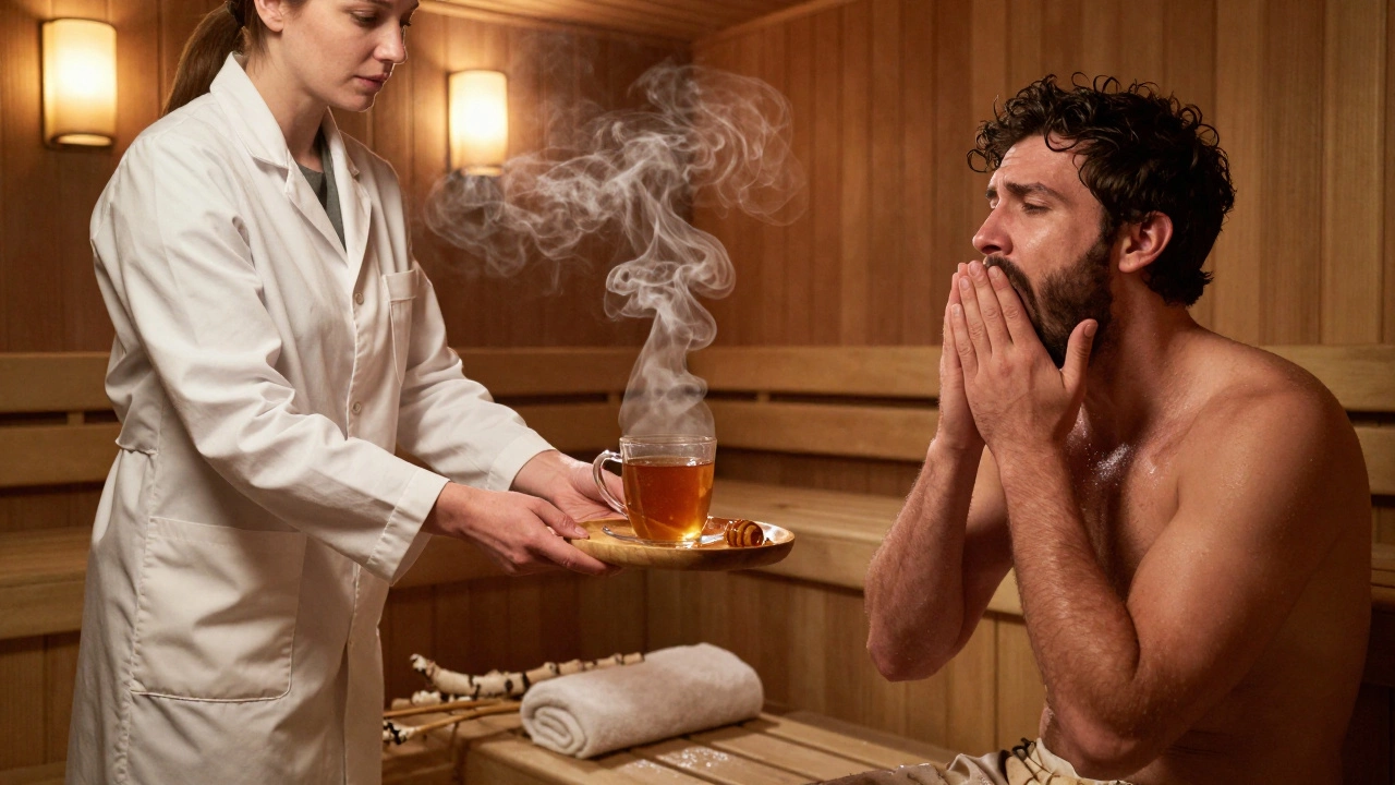Администратор подносит клиенту чай с мёдом в парной, спокойно устраняя напряжение.