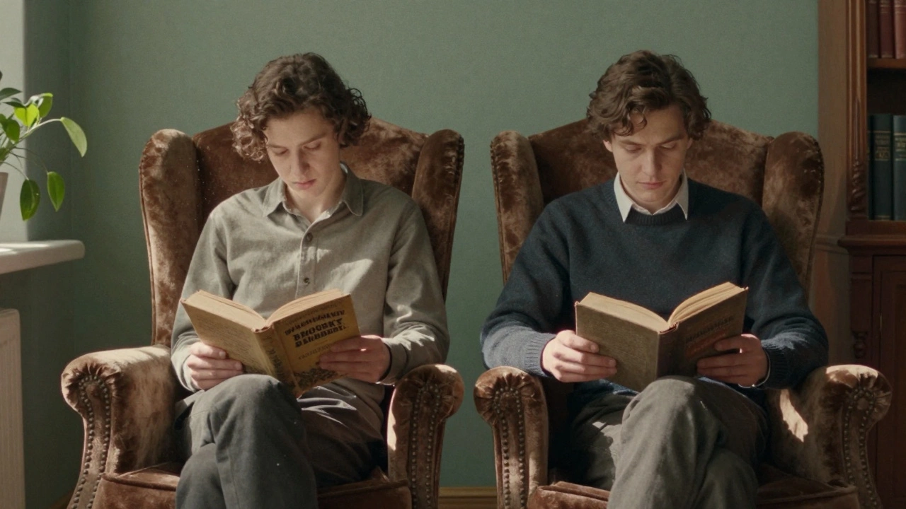 Два незнакомца в библиотеке читают рядом, не говоря ни слова, в тихой атмосфере.