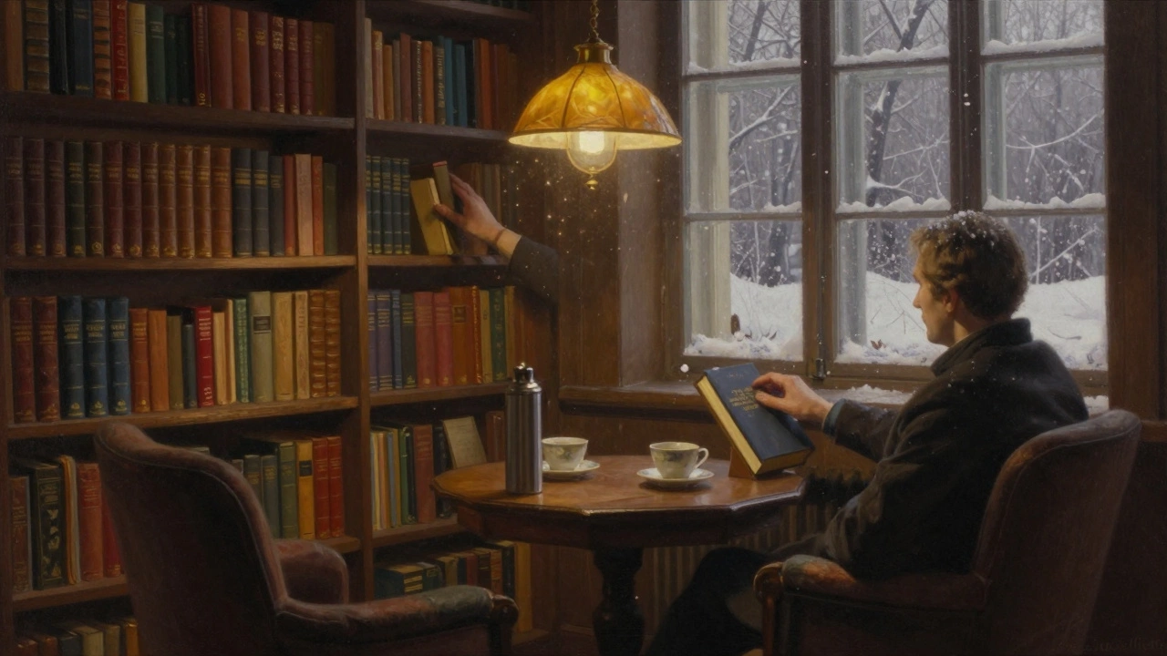 Двое читают книги в уютной библиотеке, рядом термос с чаем, свет ламп падает на полки с книгами.