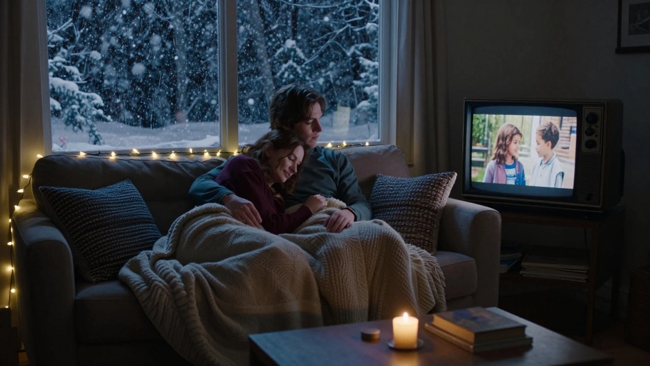 Двое сидят на диване под пледами, смотрят на экран телевизора, за окном идёт снег, голова девушки на плече парня.