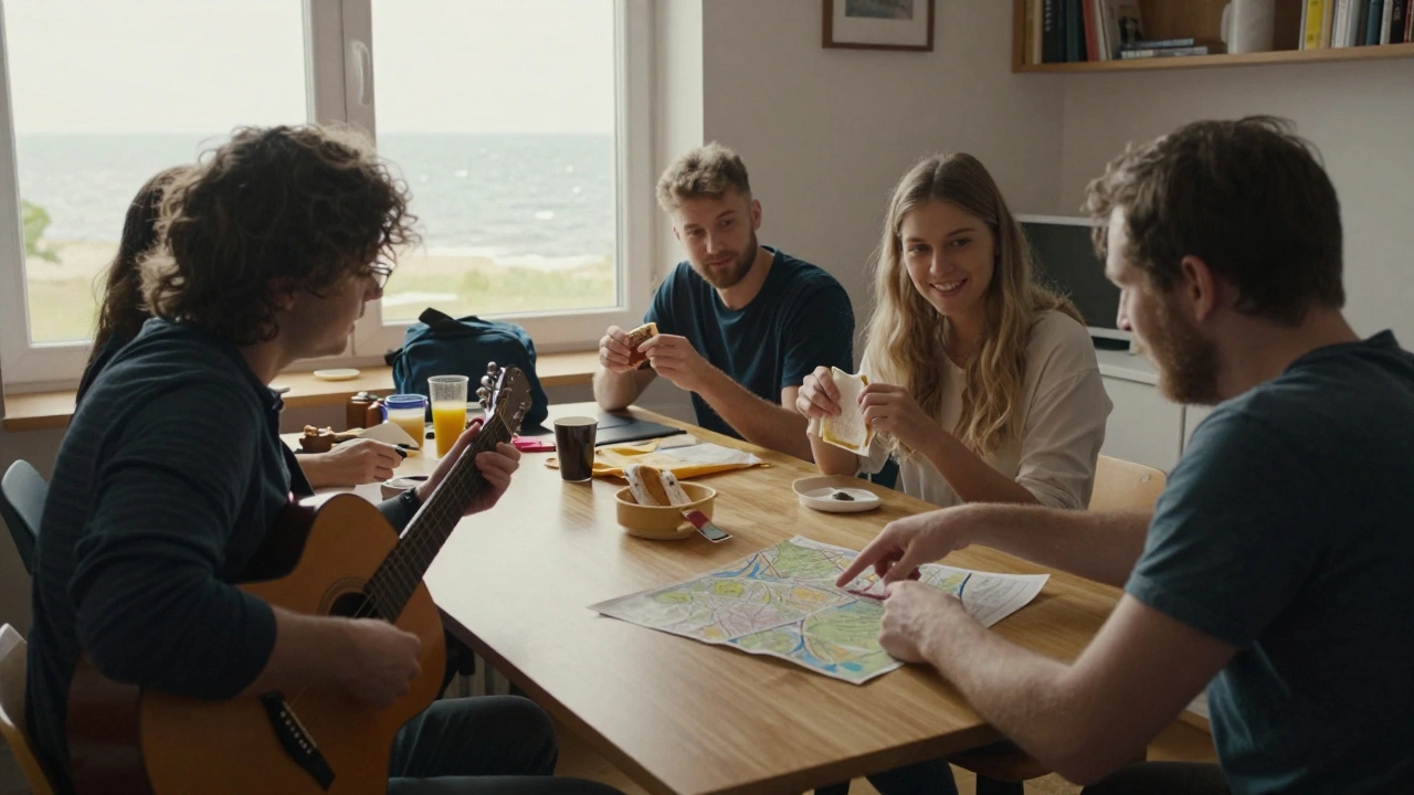 Люди на пикнике в Калининграде, один играет на гитаре, другие смеются у стола.