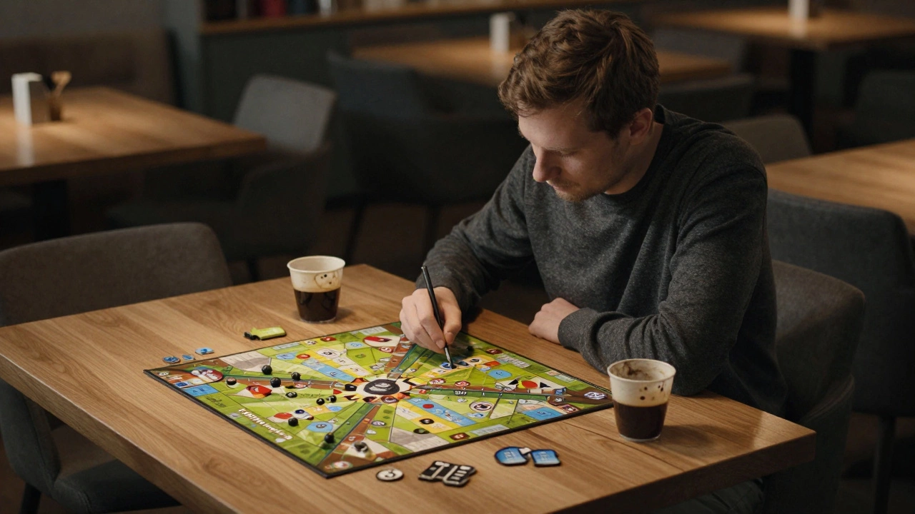 Мужчина играет в настольную игру в тихом кафе, один за столом с чашкой кофе.