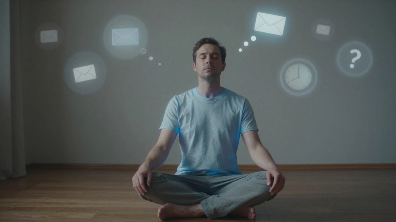 Мужчина медитирует с глубоким дыханием, вокруг него рассеиваются исчезающие мысли о работе.