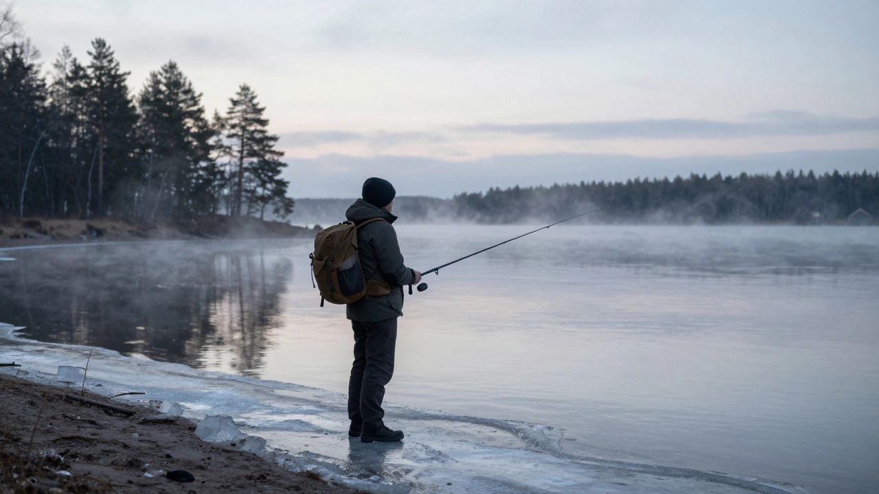 Мужчина на замёрзшем озере на рассвете с удочкой, туман над льдом и сосны на фоне.