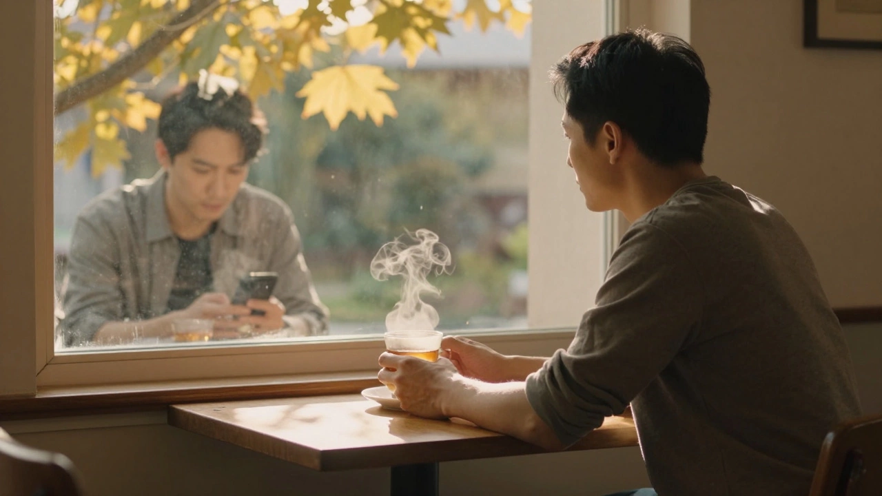 Мужчина пьёт чай у окна, спокойно наблюдая за светом, в отражении — его прошлое напряжённое состояние.