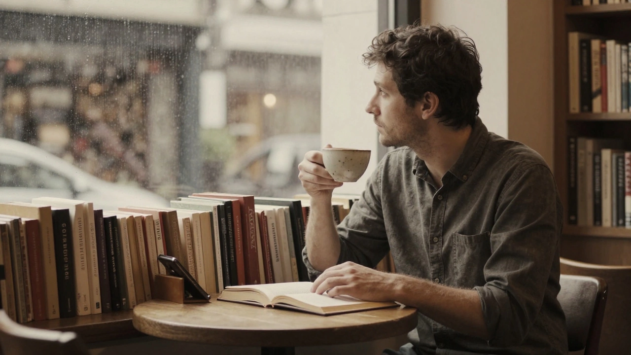 Мужчина с чашкой кофе сидит в книжном кафе, смотрит в окно, рядом — полки с книгами и дождь на стекле.
