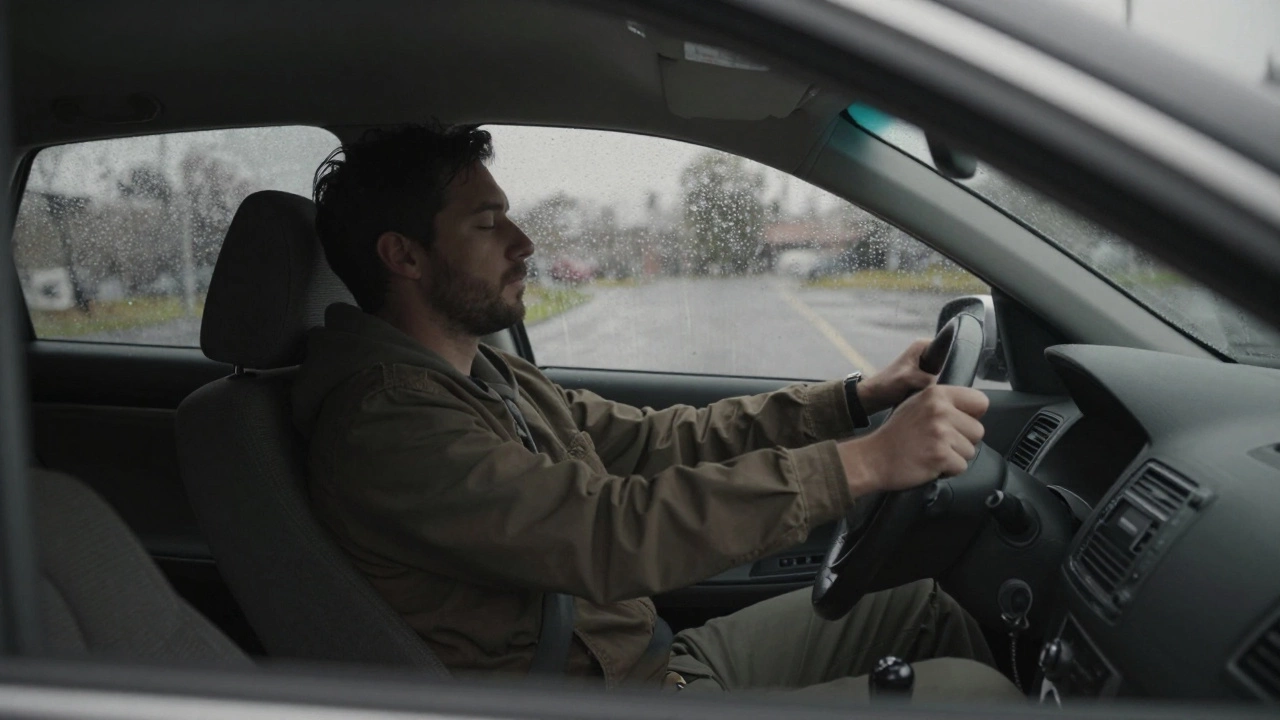 Мужчина сидит в машине после работы, закрыл глаза, идет дождь.