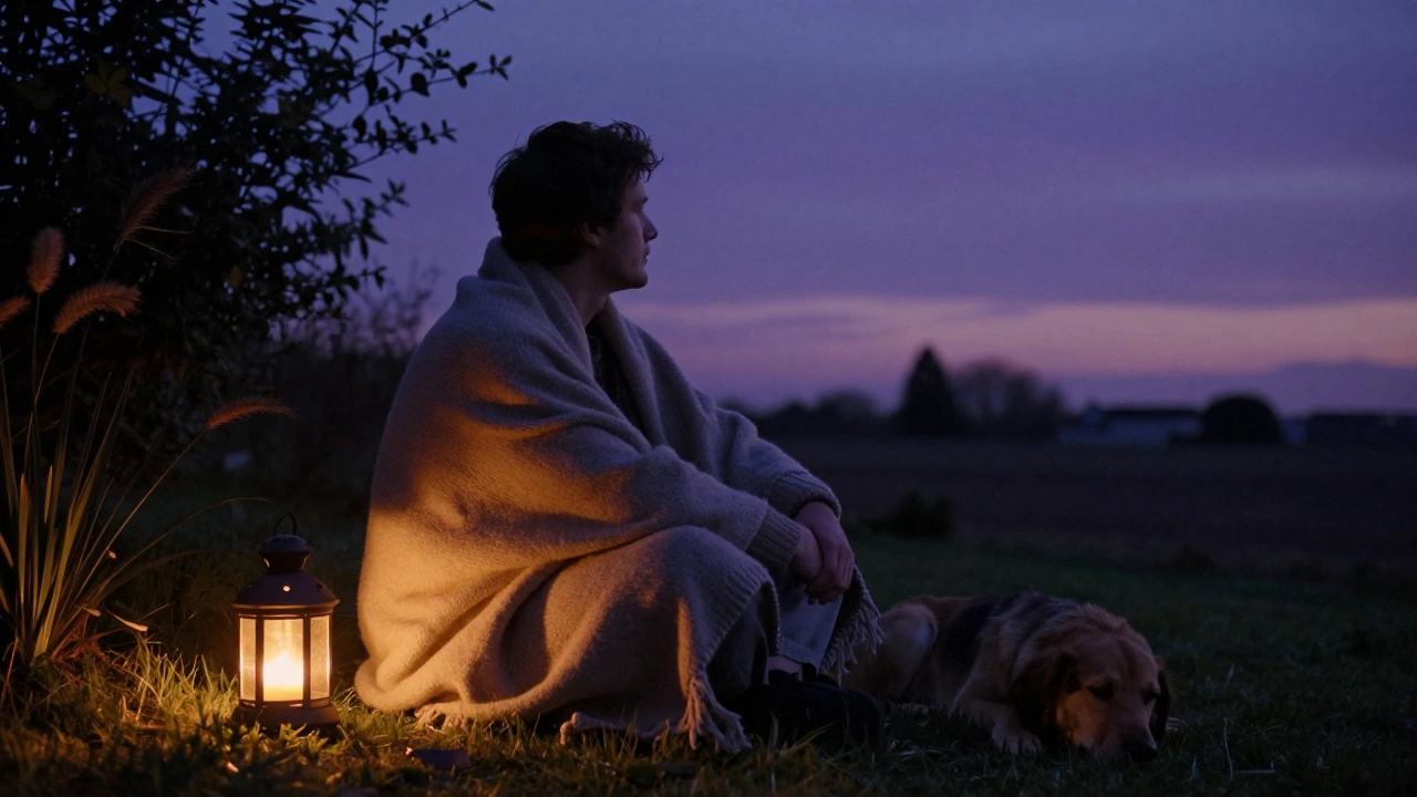 Мужчина сидит в тишине в саду вечером, завернувшись в плед, рядом спит собака.