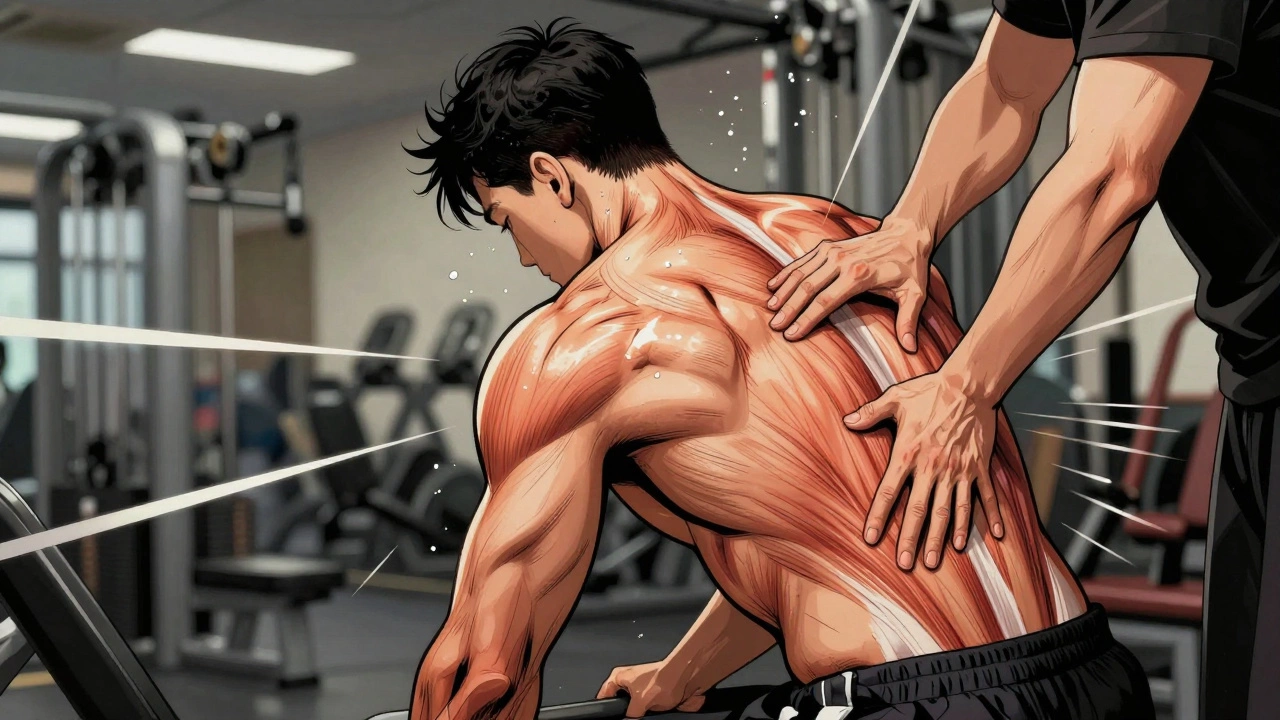 Спортсмен получает спортивный массаж после тренировки, мышечное напряжение рассеивается в виде энергетических линий.