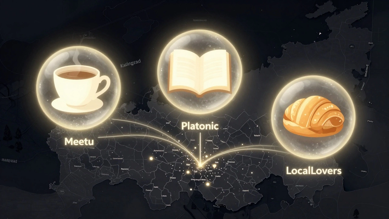 Три абстрактных символа приложений для знакомств над картой малых городов России.