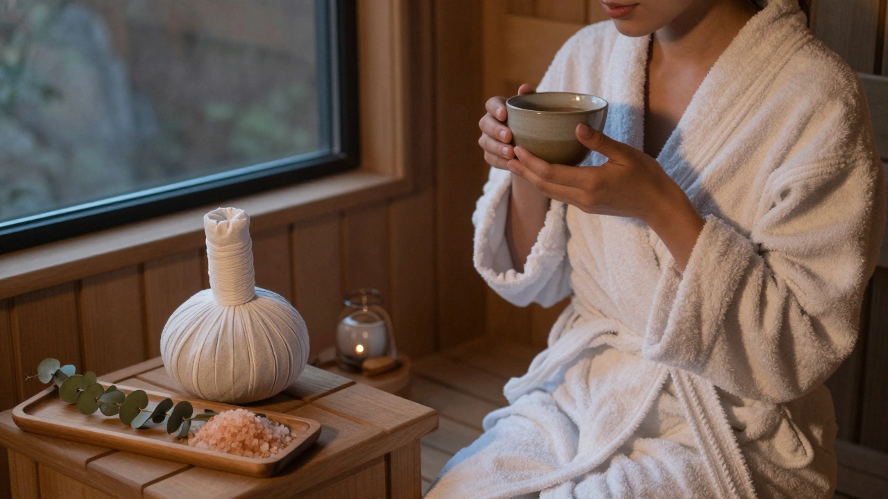 Человек отдыхает после сауны, пьёт травяной чай в халате при тусклом вечернем свете.