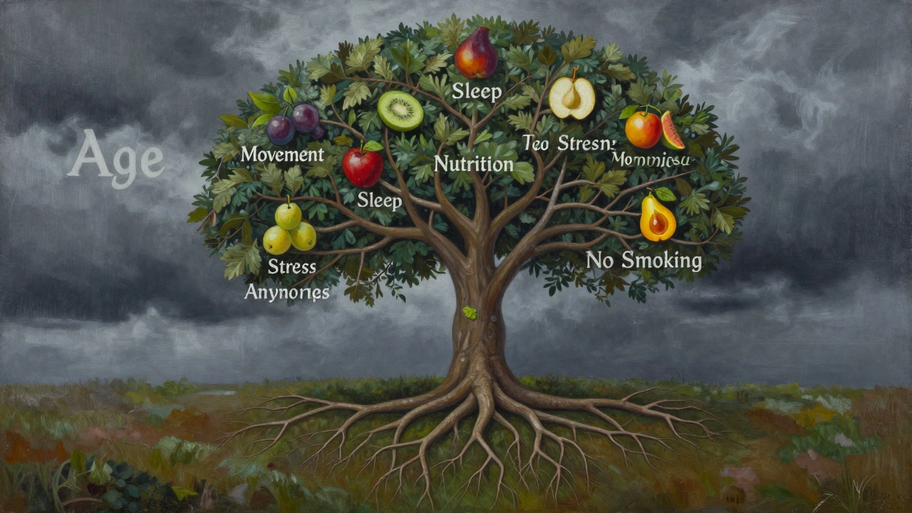 Дерево с плодами, обозначающими ключевые привычки для сохранения потенции.