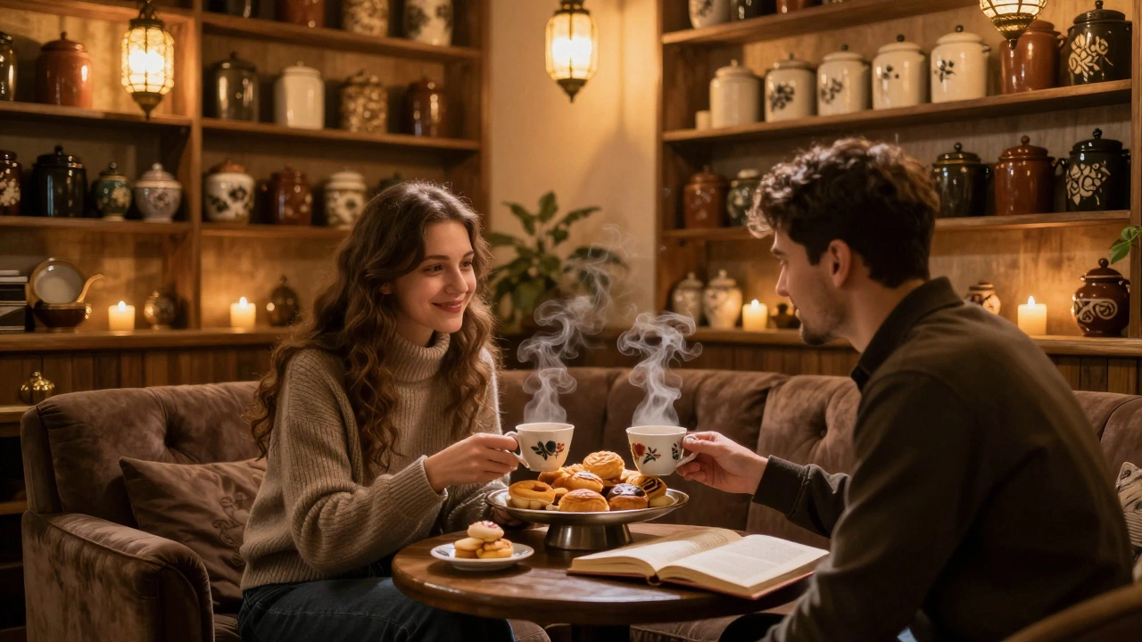 Двое сидят в уютном чайном кафе, пьют чай и едят пирожные при тёплом свете свечей и фонарей.