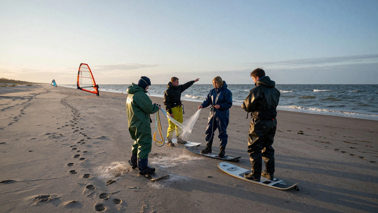 Группа людей на пляже Балтийского моря готовит снаряжение для кайтсерфинга на рассвете.