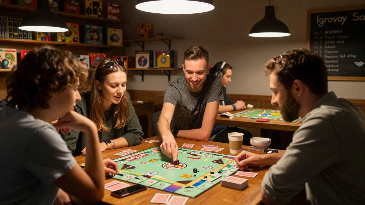 Люди играют в настольную игру в уютном клубе, смех и отсутствие телефонов создают атмосферу искренности.