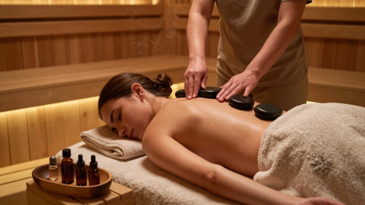 Массажист выполняет горячий каменный массаж на спине клиента в спокойной обстановке.