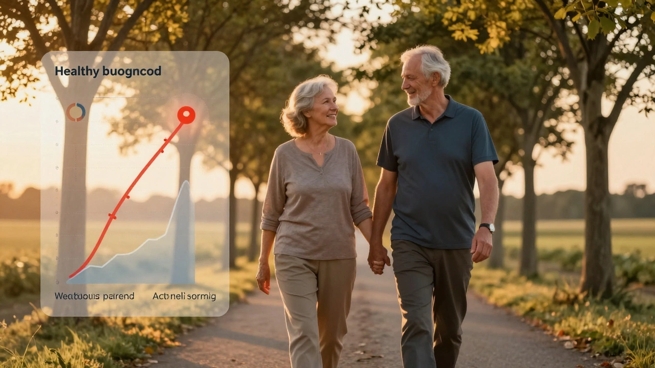 Мужчина 60 лет гуляет с партнершей при закате, символизируя гармонию и здоровье.