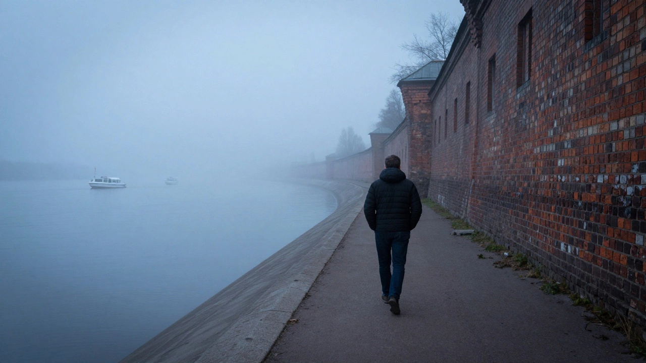 Мужчина гуляет по туманной набережной в Калининграде на рассвете, один, без цели, в тишине.