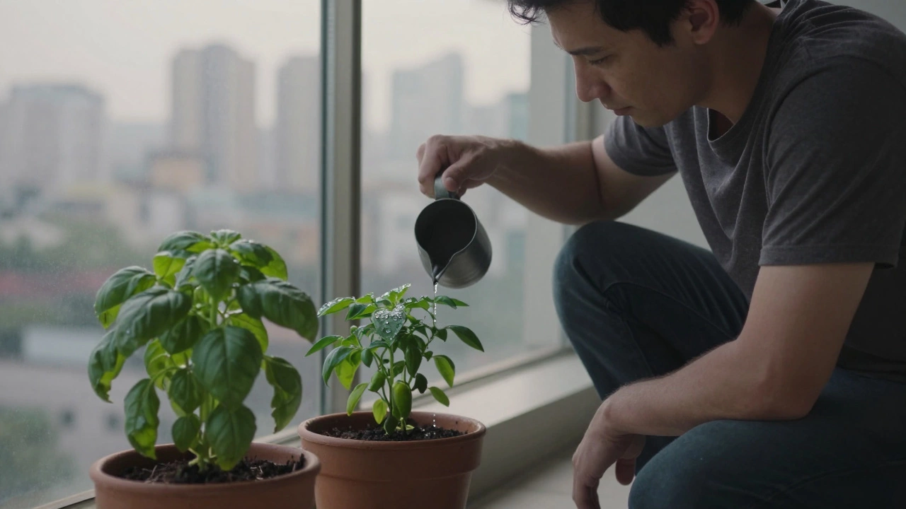 Мужчина поливает растения на балконе, смотрит на каплю воды на листе, за ним — силуэт города.