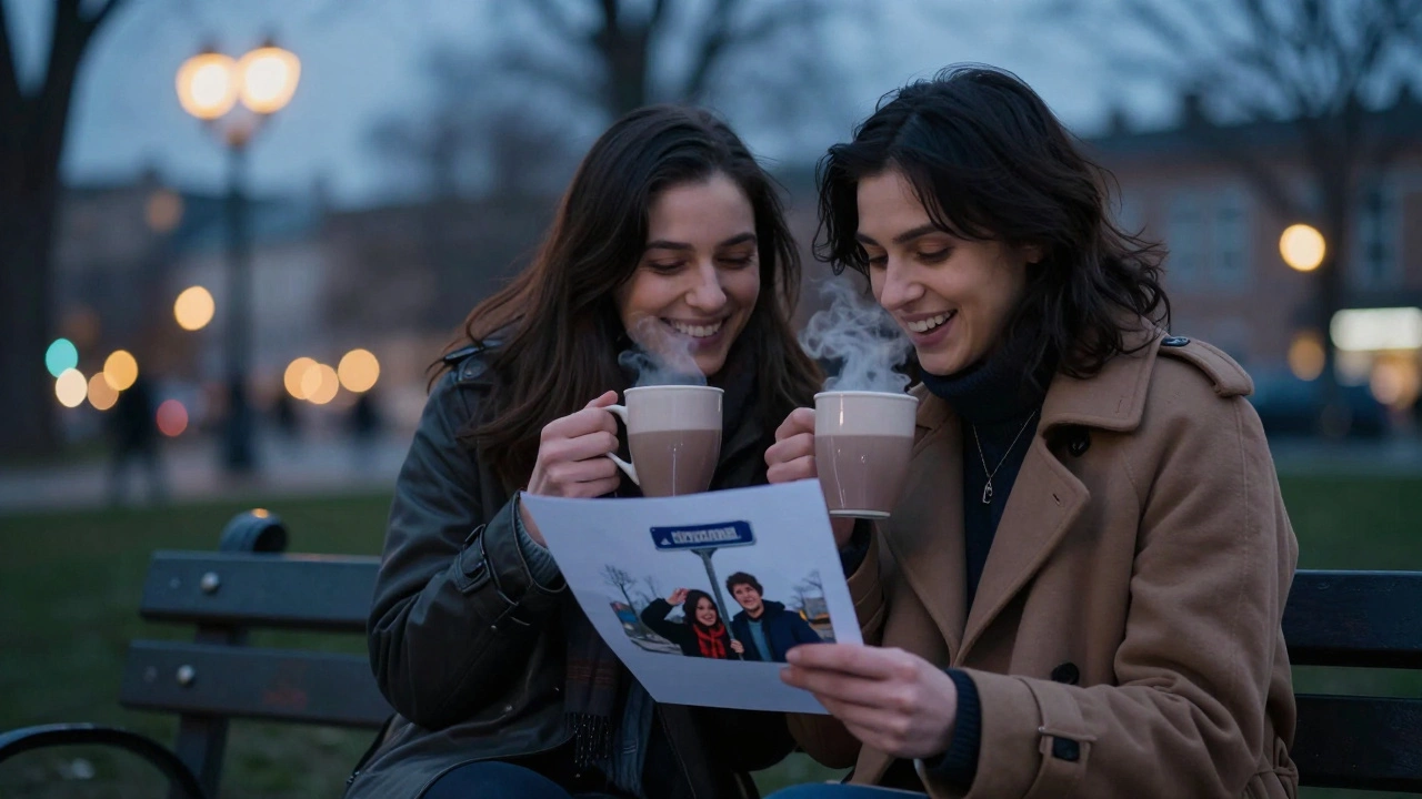 Пара сидит на скамейке в парке, пьёт какао и смеётся, глядя на фото с необычной вывеской, за ними — тёплый сумеречный свет города.