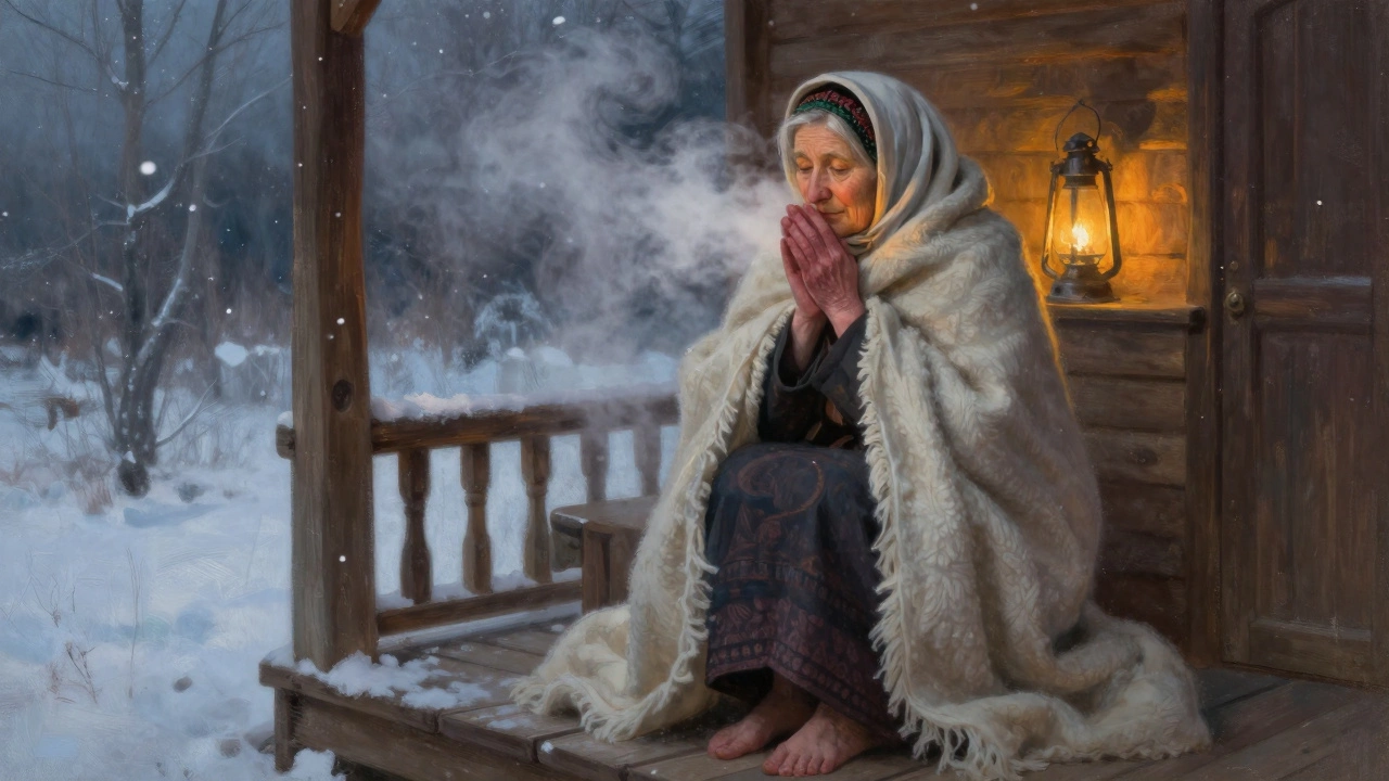Пожилая женщина шепчет слова на веранде после бани, за ней падает снег и поднимается пар.