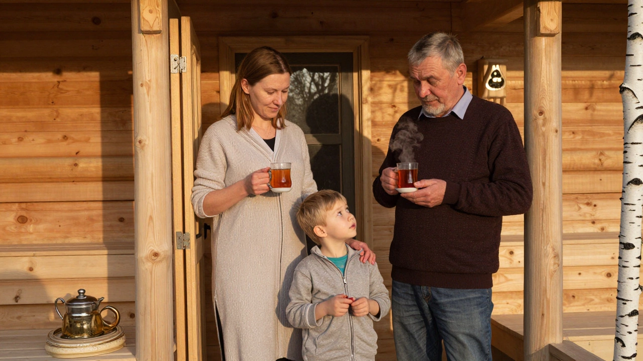 Семья выходит из бани, держа теплый чай, один из них смотрит с удивлением на закат.