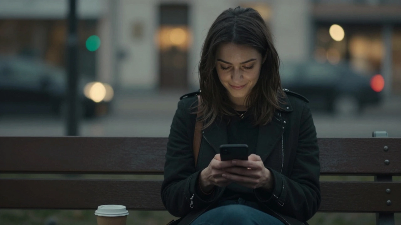 Женщина сидит на скамейке после свидания, вспоминая момент искренности.