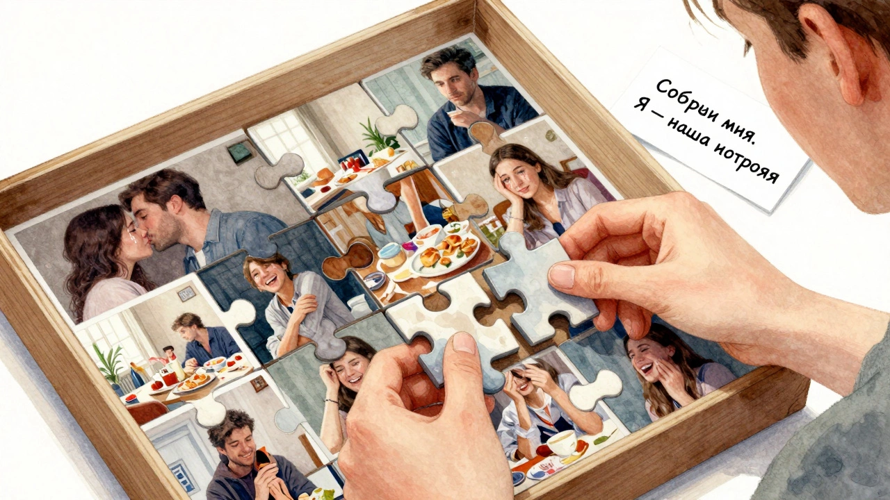 Женщина собирает пазл из фотографий прошлого, мужчина смотрит сзади, на коробке — записка 'Собери меня. Я — наша история'.