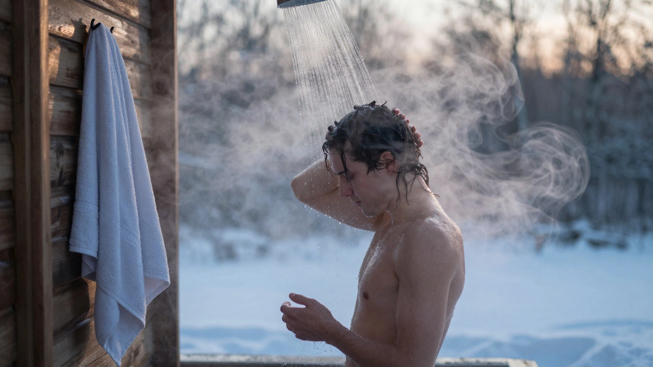 Человек после бани принимает холодный душ на улице при рассвете, пар поднимается в воздух.