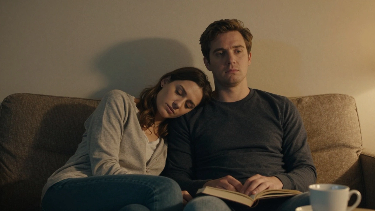 Два человека молча сидят на диване, смотря фильм вместе, без телефонов.