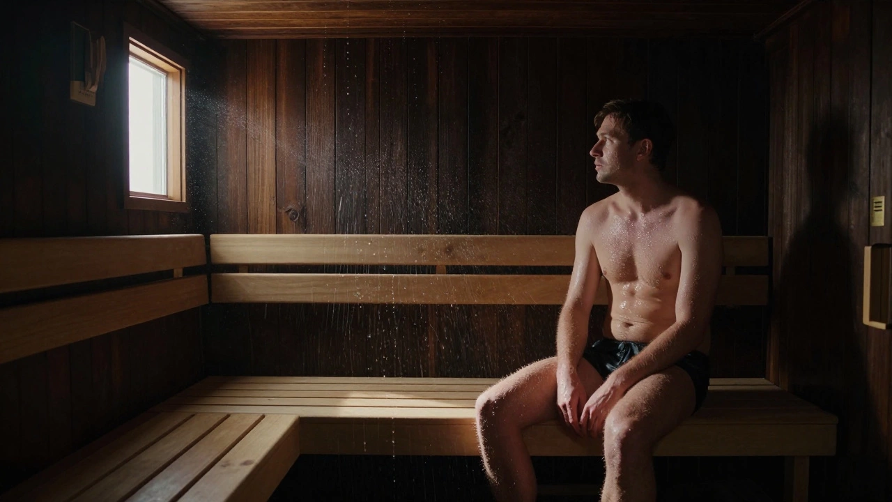 Финская сауна с сухим жаром, человек на деревянной скамье, температура 90°C, свет из окна.