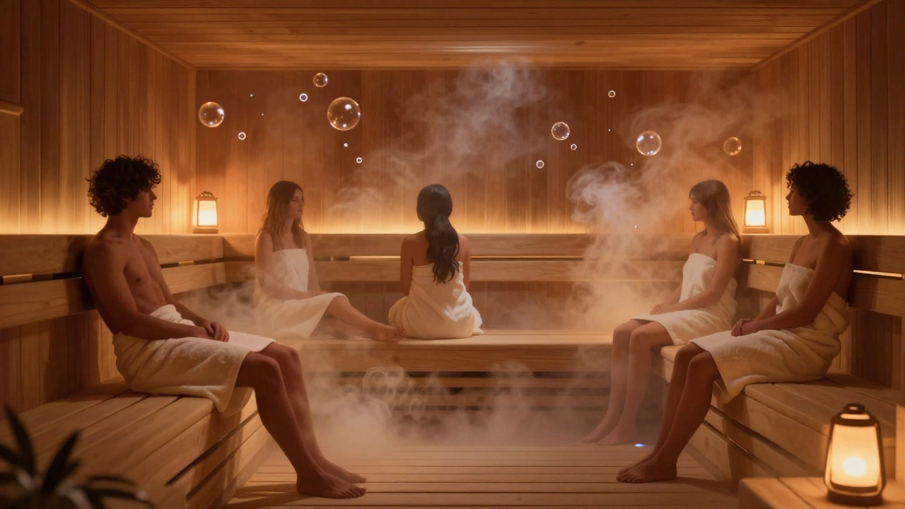 Интерьер сауны с паром и отдыхающими людьми в теплом свете
