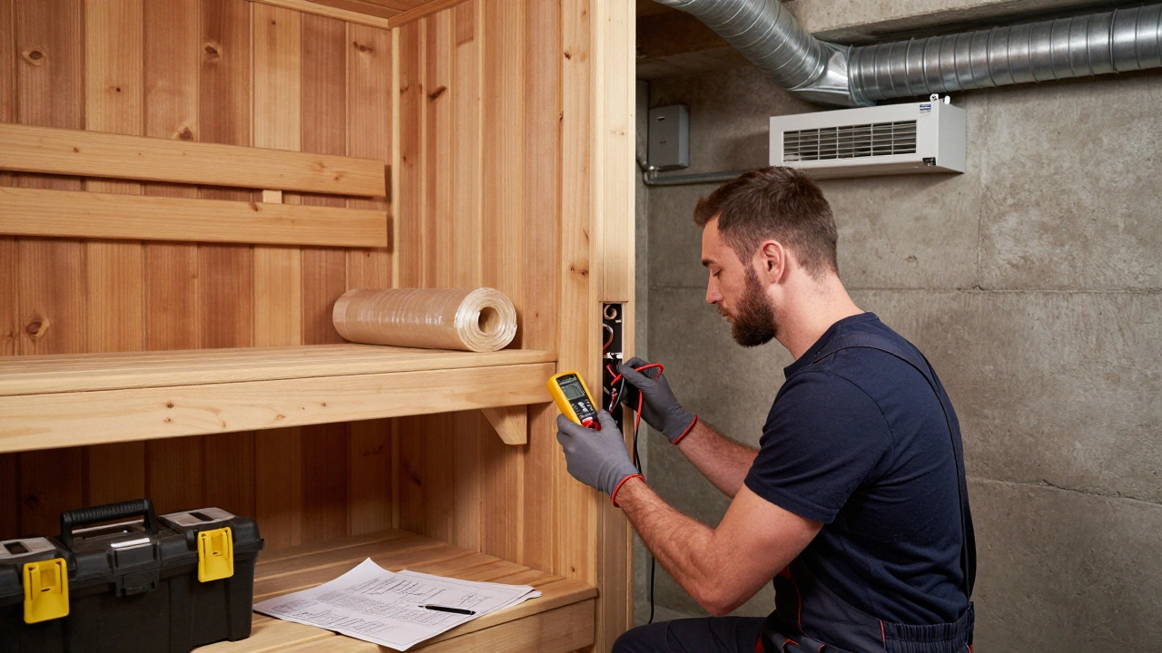 Мастер устанавливает электропроводку и вентиляцию в подвальной сауне с сертифицированной печью.