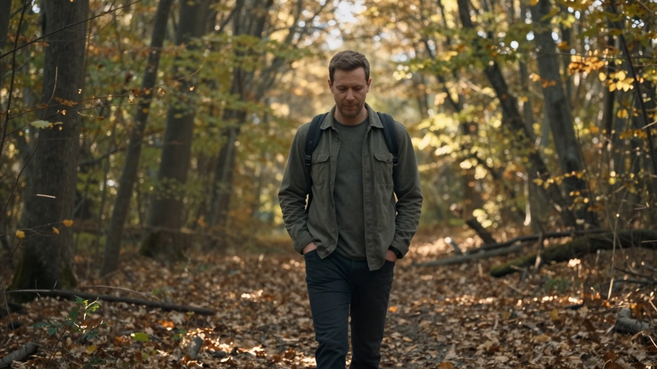 Мужчина медленно гуляет по лесу без наушников, солнечный свет играет на деревьях вокруг.