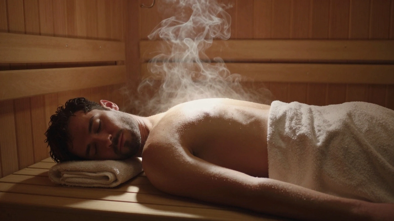Мужчина после массажа в сауне, прикрытый полотенцем, в спокойном состоянии.