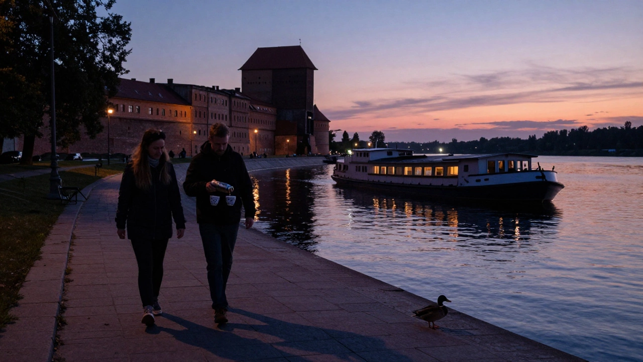Пара гуляет по набережной Преголи на закате, держит термос с чаем.