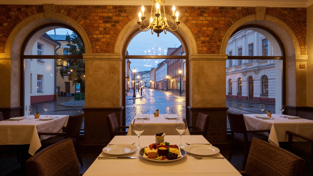 Ресторан с видом на ночной город и общей тарелкой еды на столе