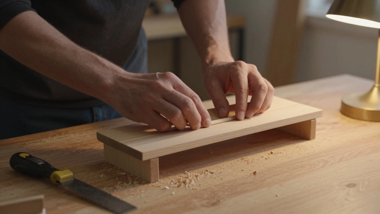 Руки мужчины делают деревянную полочку, вокруг — опилки и тёплый свет, без телефона и спешки.