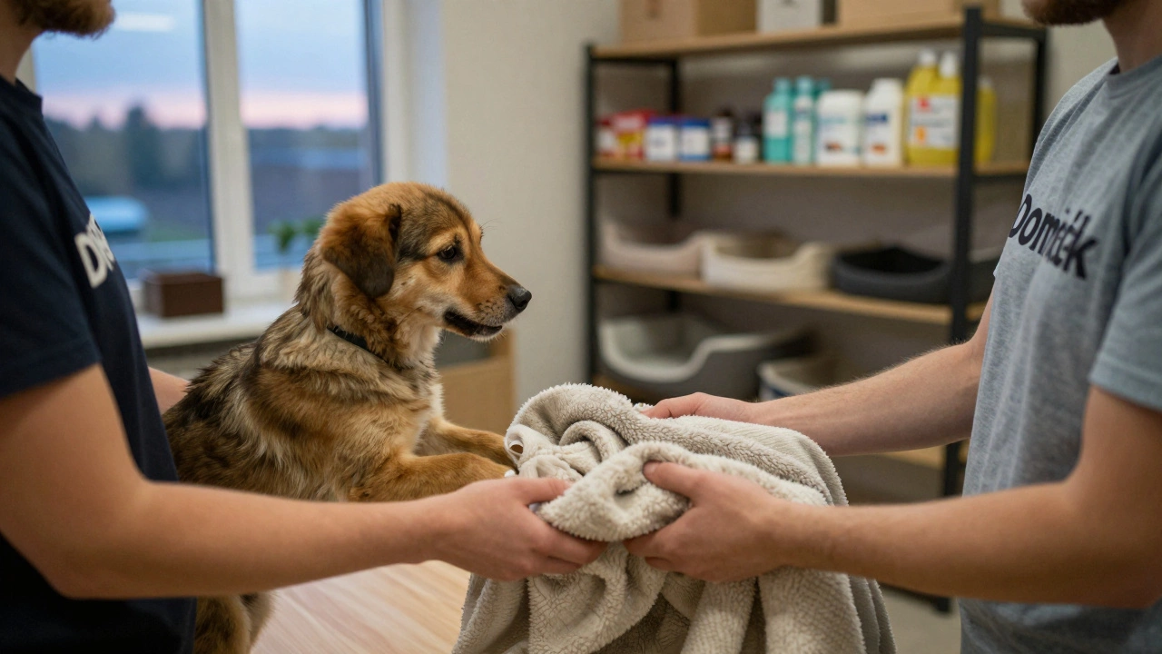 Руки помогают друг другу в приюте для животных — забота без слов, в тёплом свете заката.