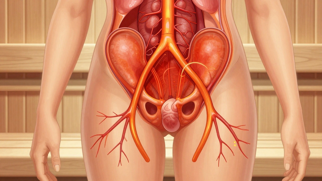 Схематичное изображение кровотока в тазовой области под действием тепла в сауне.