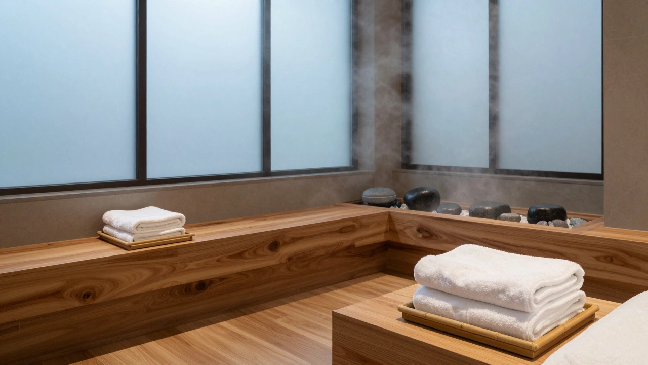 Спокойная зона отдыха спа-салона с полотенцами и камнями для парения