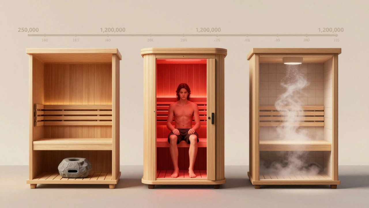 Три типа домашних саун: финская, инфракрасная и паровая, показанные бок о бок с ценами.