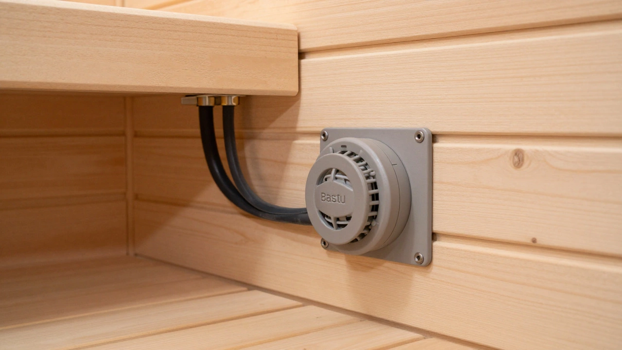 Детали вентиляционной системы и термостойкой проводки в деревянной сауне