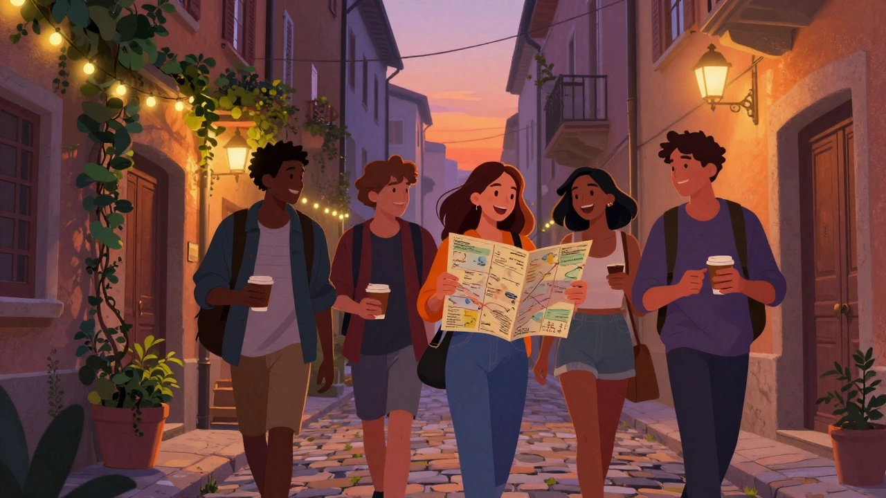 Друзья с кофе гуляют по уютному вечернему переулку с гирляндами