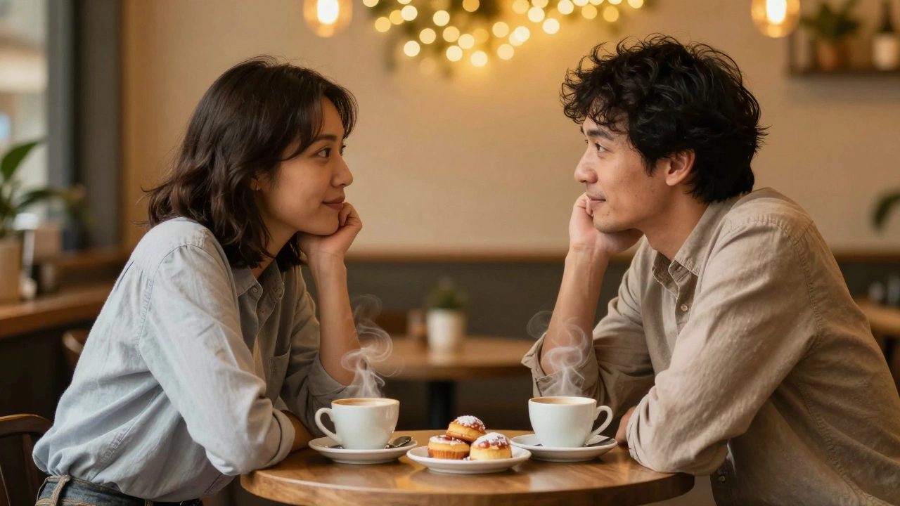 Двое людей за искренним разговором в уютном кафе за чашкой кофе